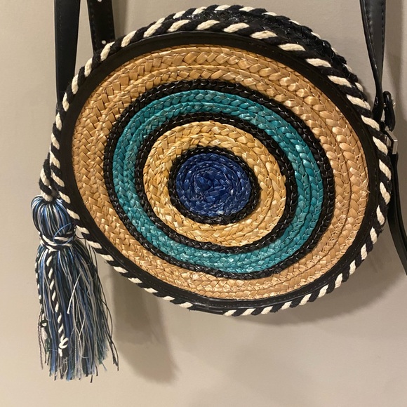 Rebecca Minkoff Straw Circle Crossbody Bag, Blue Multi - Picture 7 of 13